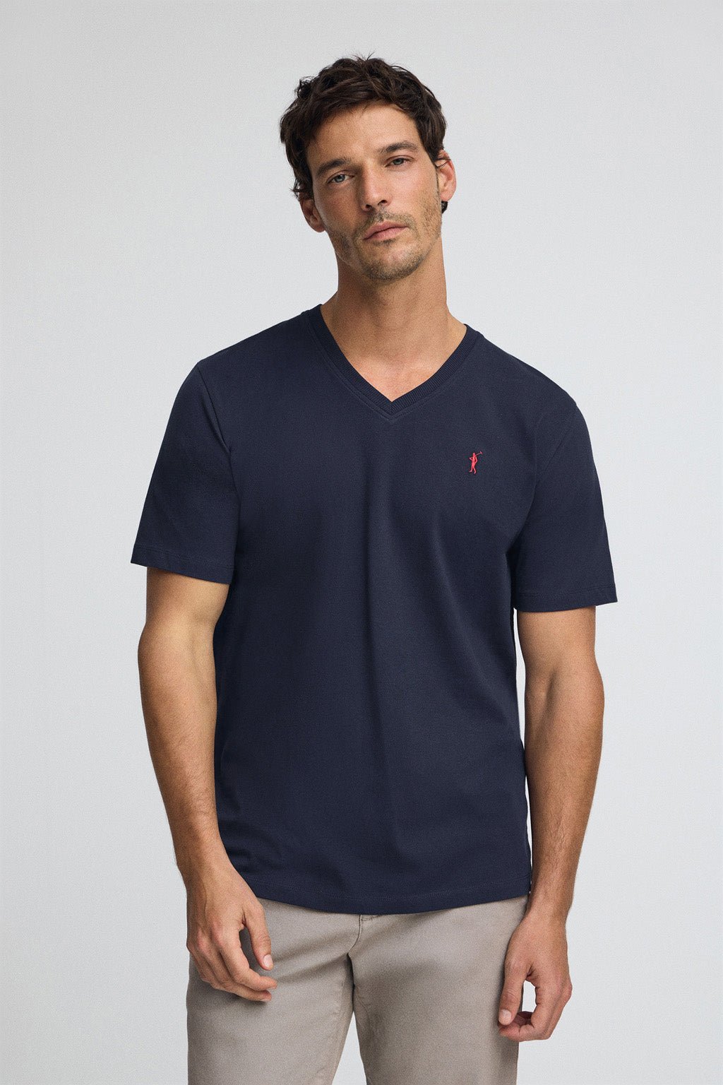 T-Shirt marineblau mit V-Ausschnitt und gesticktem Rigby Go-Logo