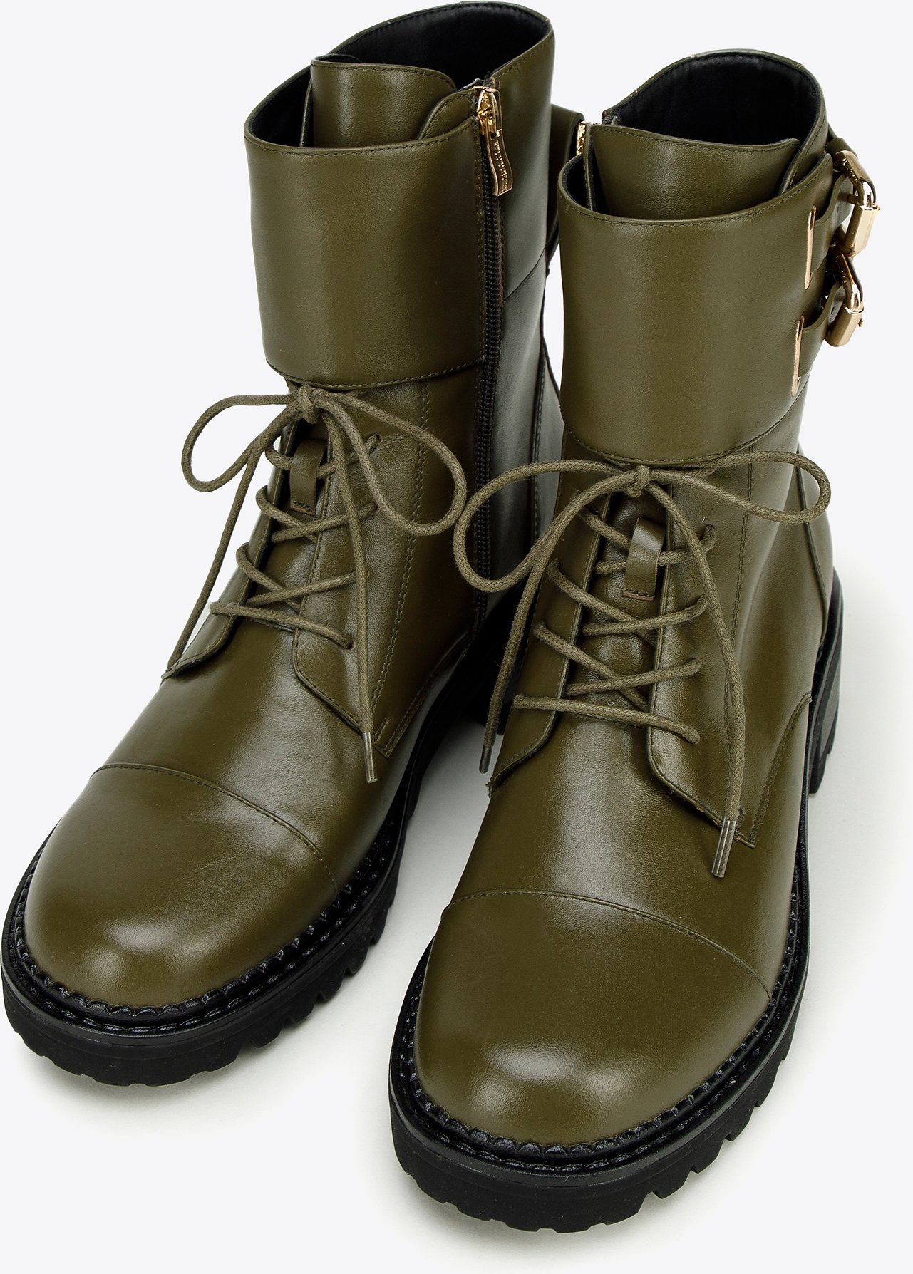 Wittchen Damen-Lederstiefel mit Schnallen, olivgrün, Naturleder