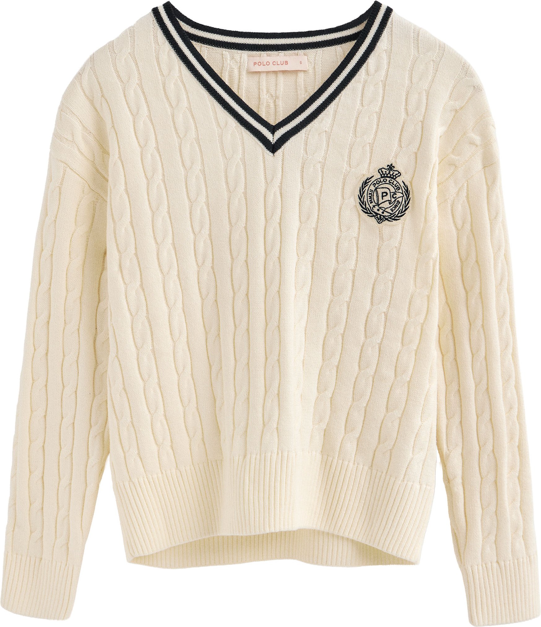 Pullover ecru mit Zopfmuster, V-Ausschnitt und maritimem Polo Club-Patch