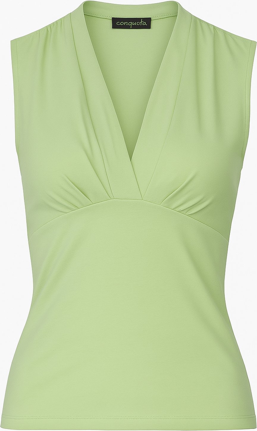 Hellgrünes, ärmelloses, figurbetontes Oberteil mit V-Ausschnitt – weicher Viskose-Mischstoff