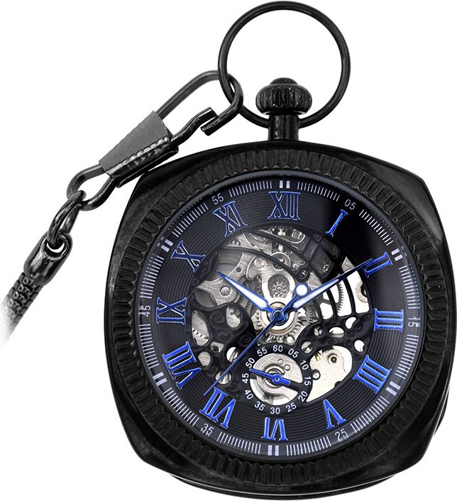 Thumbnail - Mechanische schwarz-blaue Vintage-Skelett-Taschenuhr mit offenem Zifferblatt