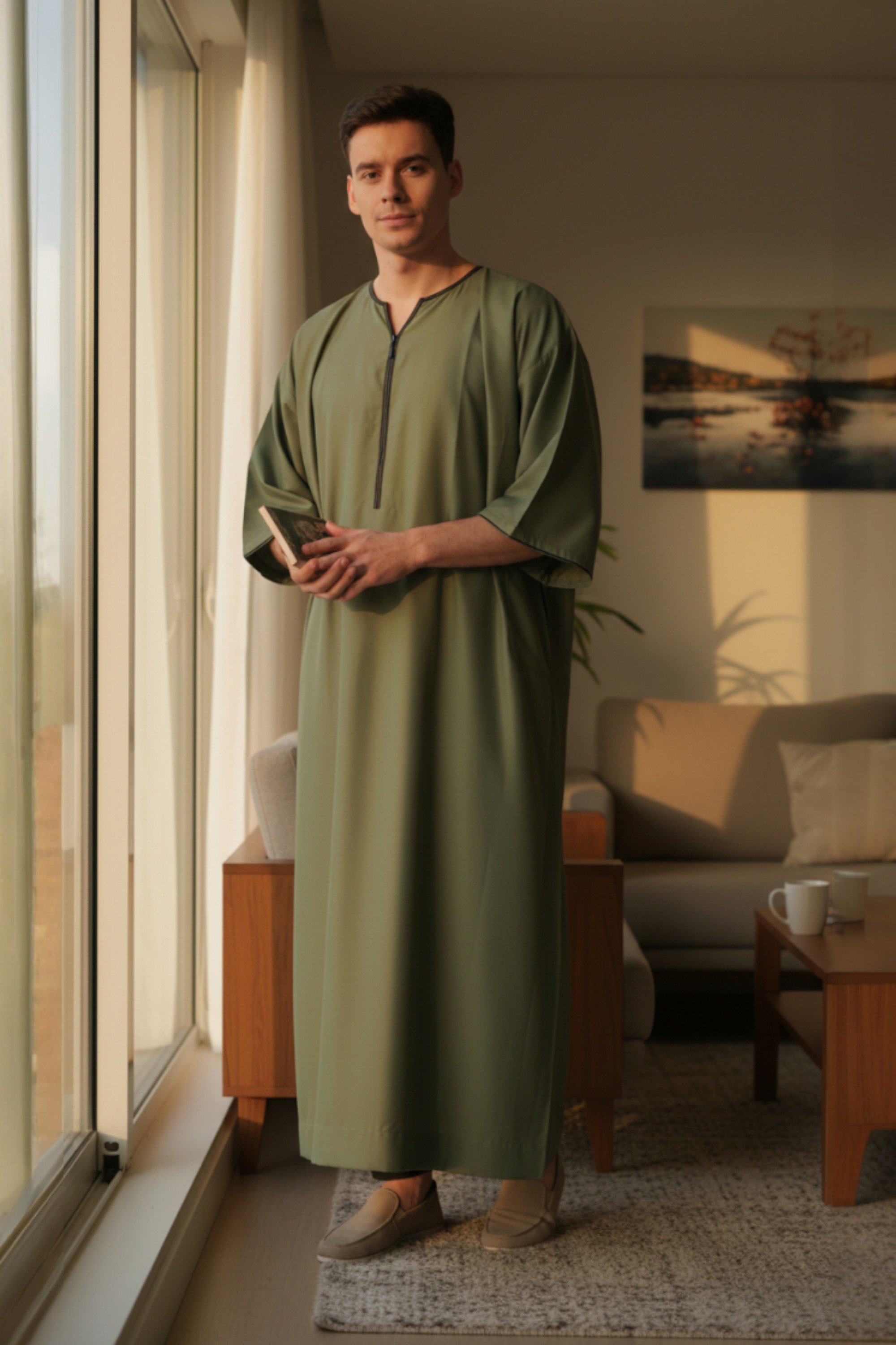 Grüne Ramadan-Marokkanische Gandoura-Thobe-Robe für Herren Djellaba Eid Jubba LFS-TT-006