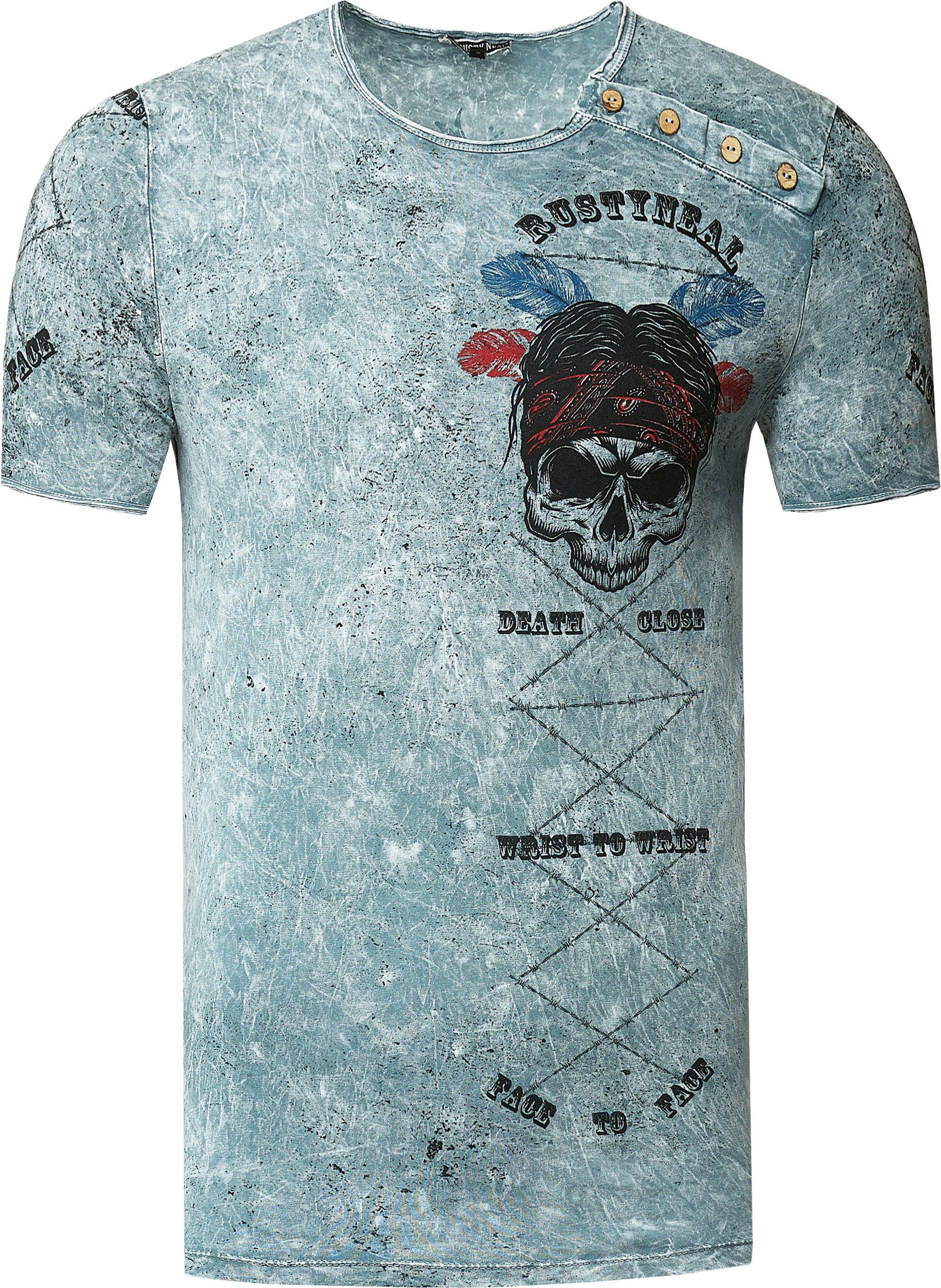 Thumbnail - Verwaschenes Rundhals T-Shirt mit Knopfleiste und Prints