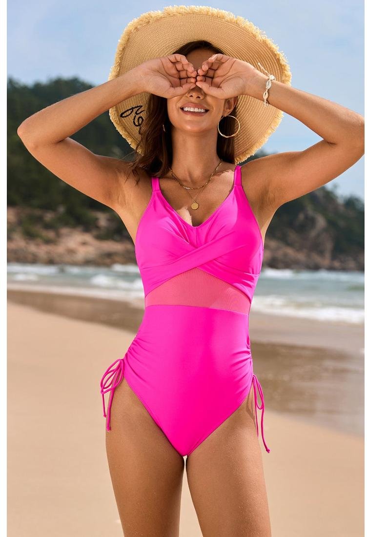 Damen Raffung V-Ausschnitt Einteiler Badeanzug mit Kordelzug