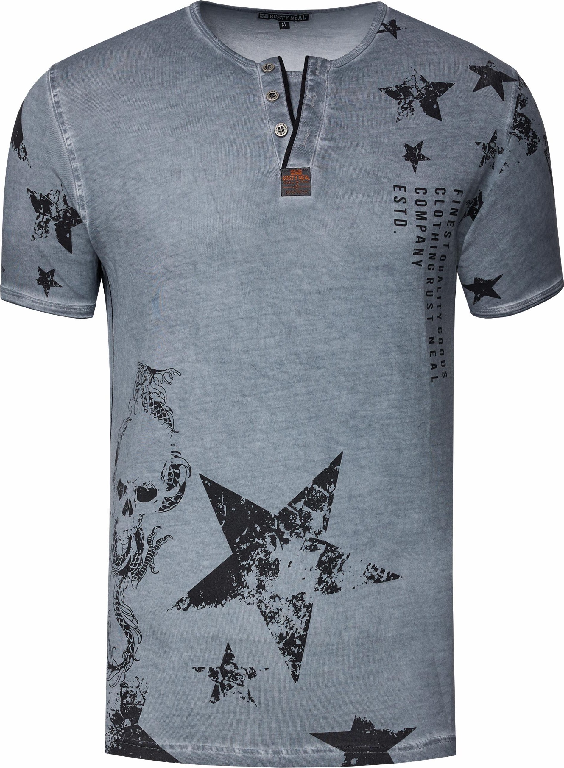 Thumbnail - Rundhals Henley T-Shirt mit Prints und Knopfleiste