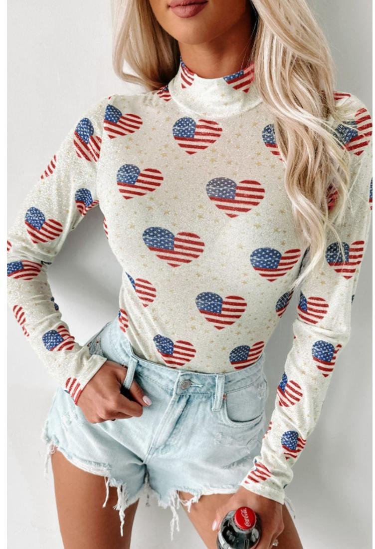 Thumbnail - US-Flagge Herz Stehkragen Langarm-Bodysuit