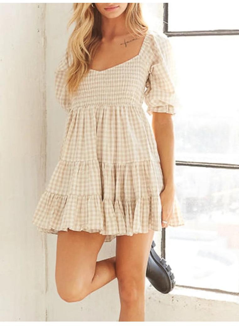Thumbnail - Damen Mini-Kleid mit Karo-Muster und Rüschensaum in Halbarm-Design