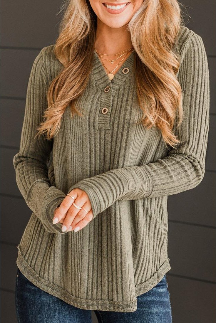 Thumbnail - Damen Rippstrick Bluse mit Knöpfen und langen Ärmeln
