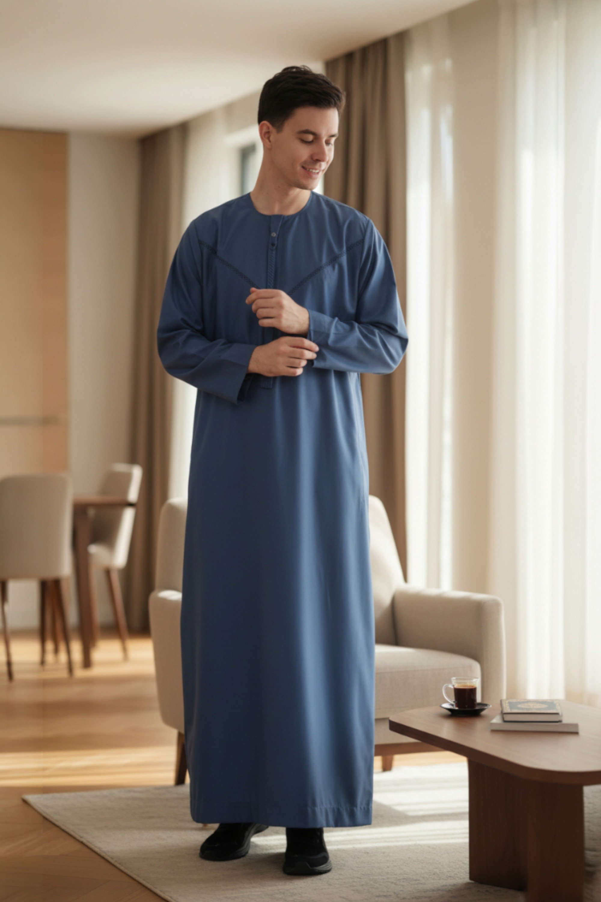 Herren Blau Eid Marokkanischer Thobe Robe Djellaba Ramadan Eid Jubba LFS- HM10