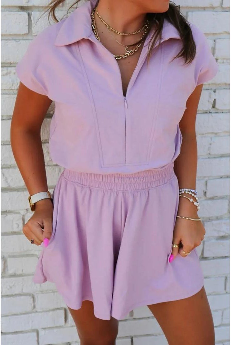 Damen Kurzarm Reißverschluss Kragen Elastischer High Waist Jumpsuit