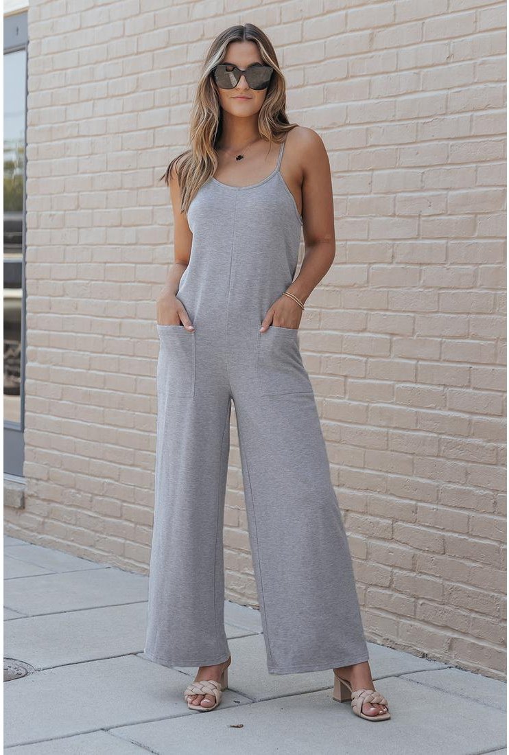 Thumbnail - Azura Exchange Damen Jumpsuit mit Spaghetti-Trägern und weitem Bein in Grau mit Seitentaschen