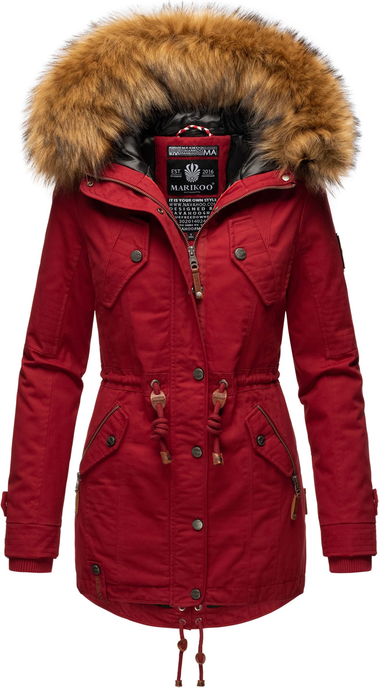 Marikoo Damen Winterjacke mit abnehmbarem Kunstfellkragen & Taillenzug