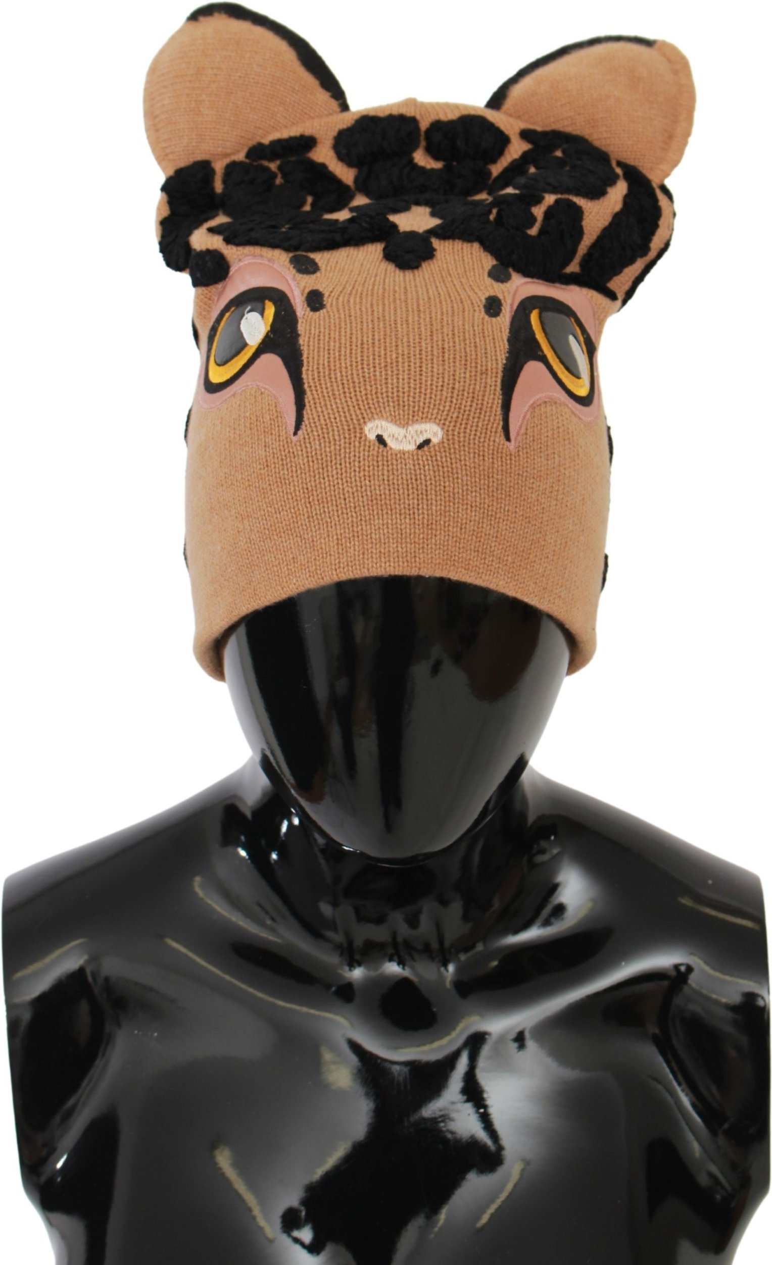 Dolce & Gabbana Women's Brown Cashmere Knitted Animal Design Beanie Hat (Bonnet en cachemire marron)