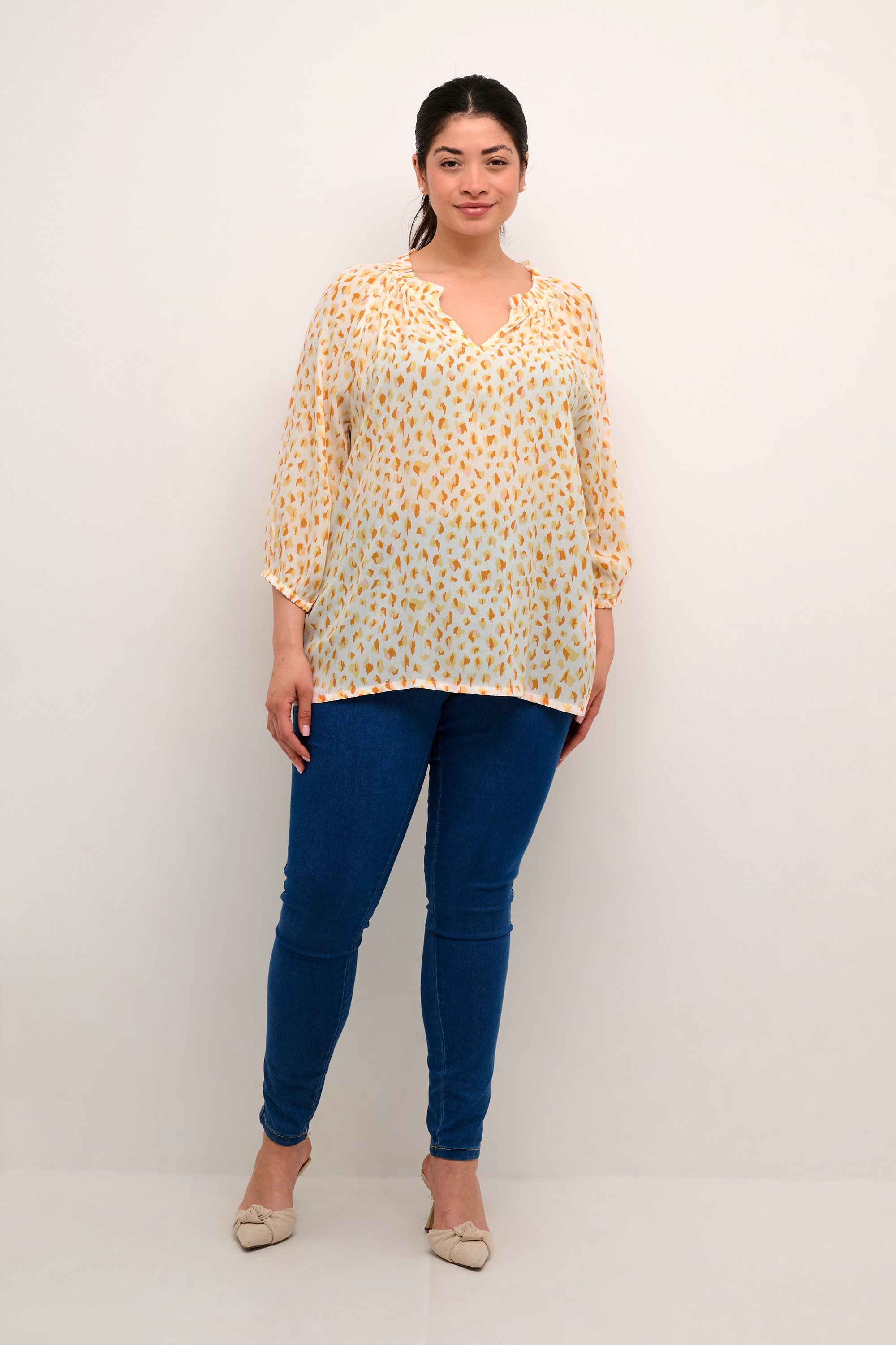 Langarm-Bluse Regular fit White/Orange Graphic Dots white orange