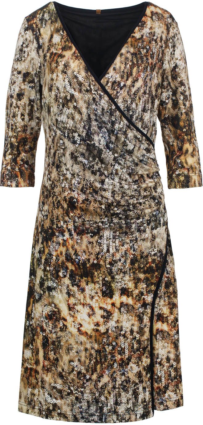 Thumbnail - Print Jersey Faux Wrap Kleid Braun