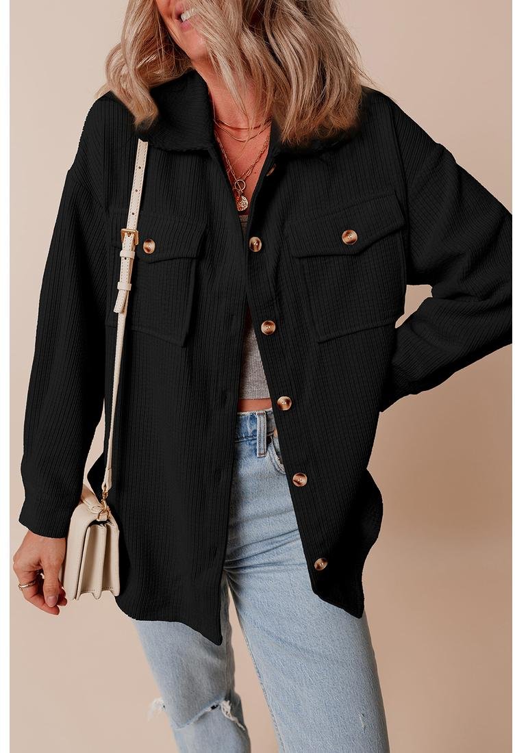 Thumbnail - Azura Exchange Schwarze Cordstoff Klappen-Taschen Knopf-Oben Jacke