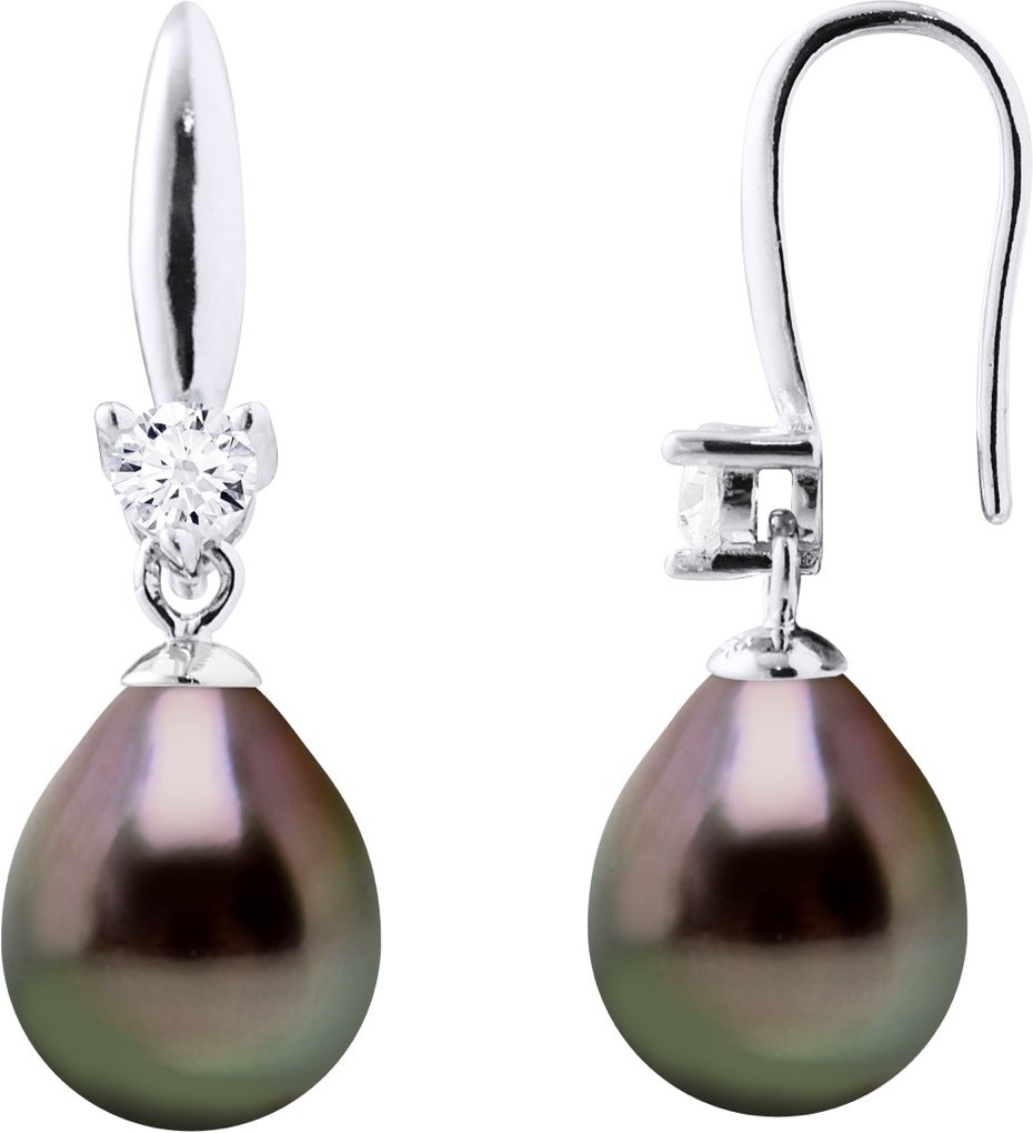 Ohrringe Silber 925 & Zirkonia – 2 echte Tahiti-Zuchtperlen Birne 8-9 mm