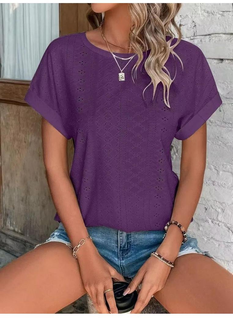 Damen T-Shirt mit Lochmuster, Rundhals, Kurzarm