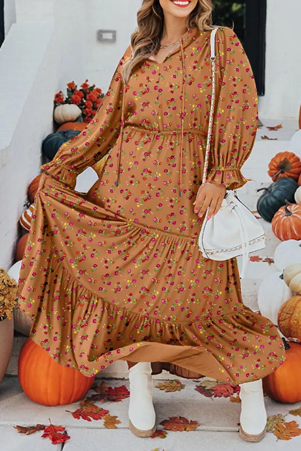 Blumenmuster Maxikleid mit Rüschenbesatz