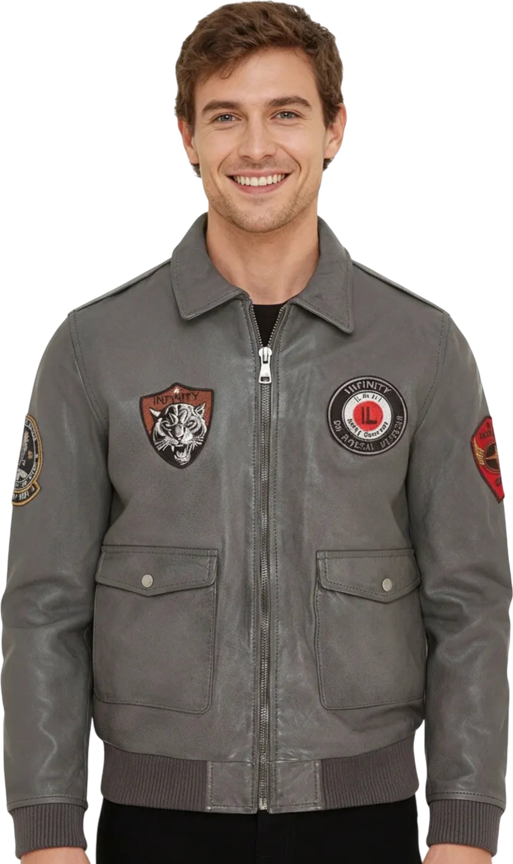 Graue Bomberjacke aus Leder für Herren G-1 mit Fliegerkragen - Hudson