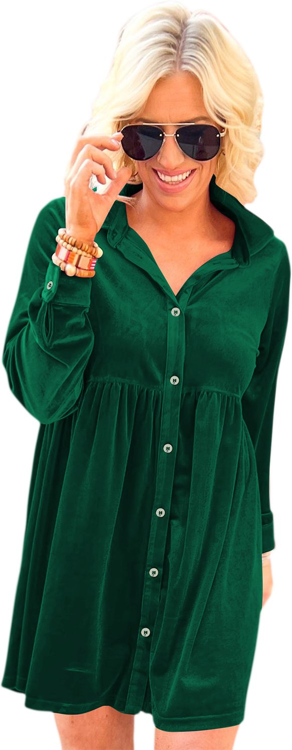 Samt Kleid Hemdblusenkleid mit langen Ärmeln und Kragen