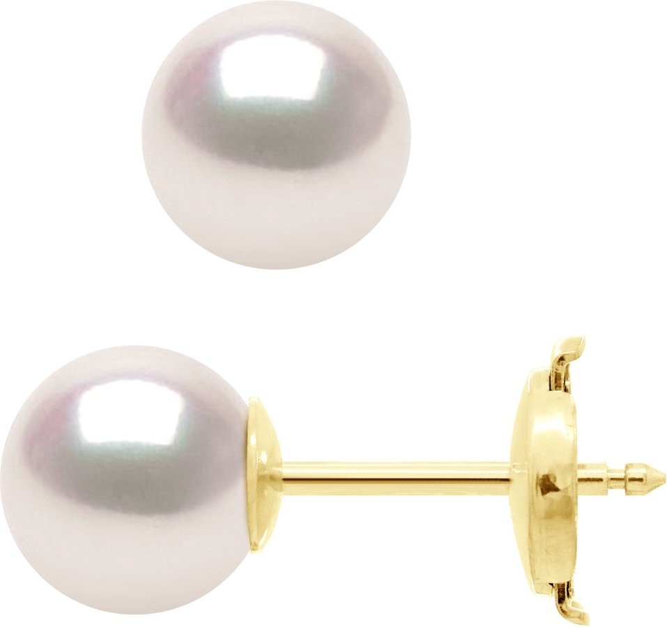 Ohrringe – Gelbgold 750 (18 Karat) – Echte Zuchtperlen Akoya, zertifiziert aus Japan, rund, 7–8 mm