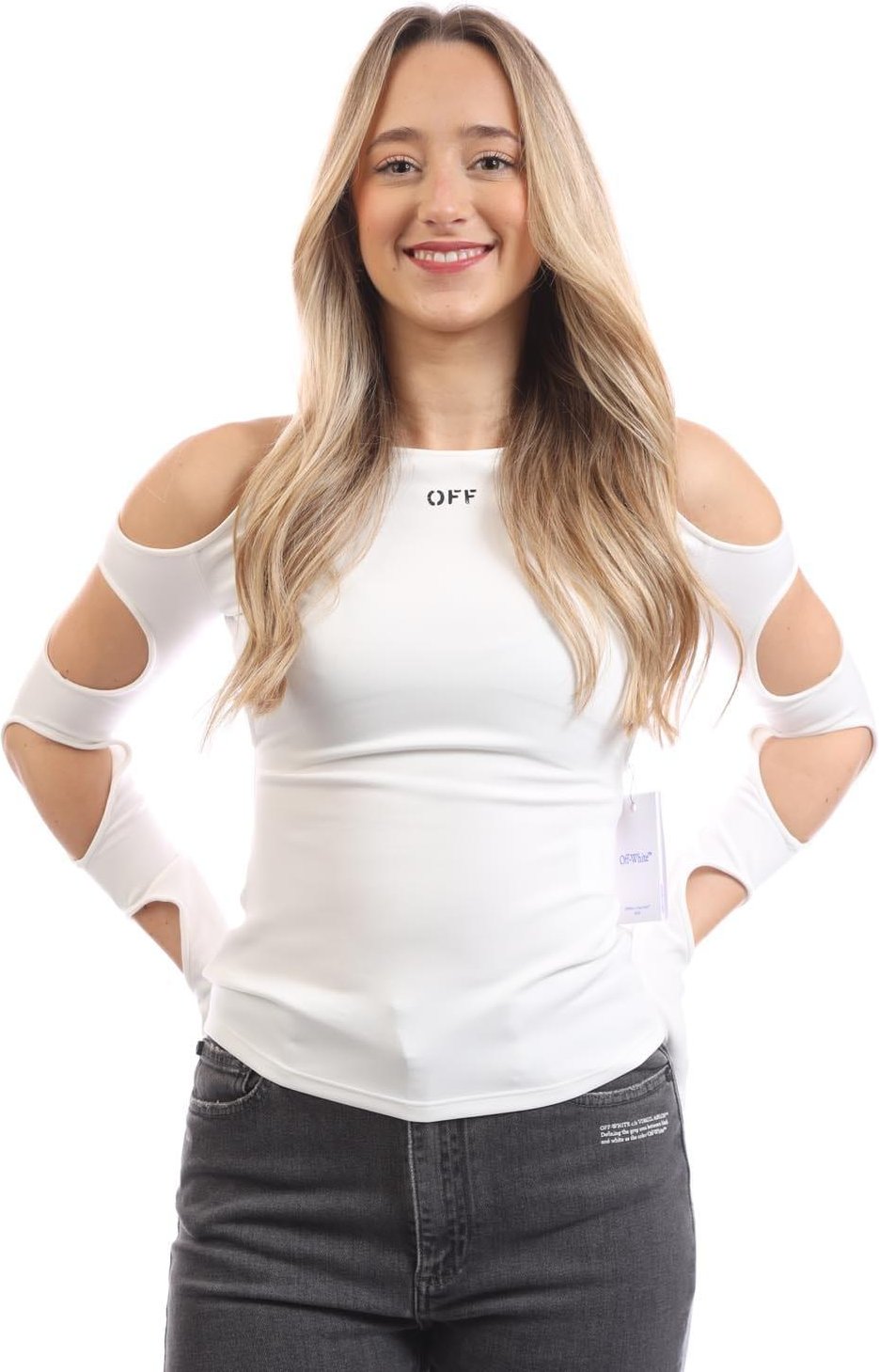 Off White - "Sleek" Oberteil für Damen, Ausschnitt, Langärmlig (Weiß/Schwarz)