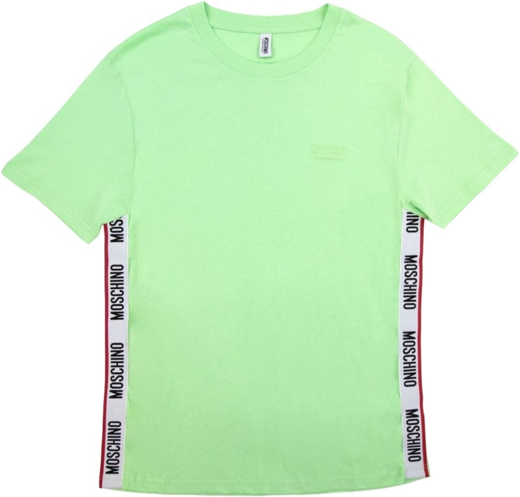 Grünes T-Shirt mit Logo von Moschino mit Klebeband am Saum