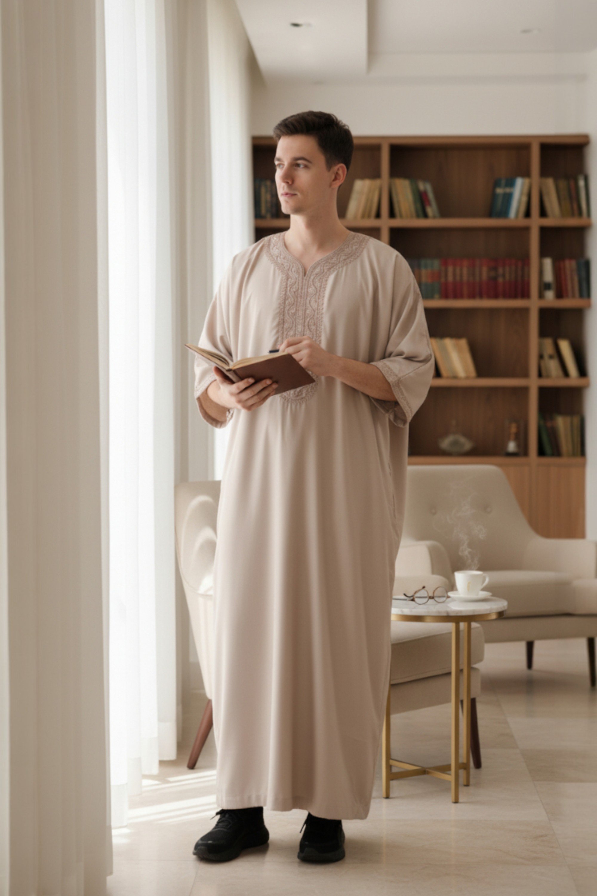 Beige marokkanische Thobe-Robe für Herren Djellaba Gandoura Eid Jubba LFS-HM66