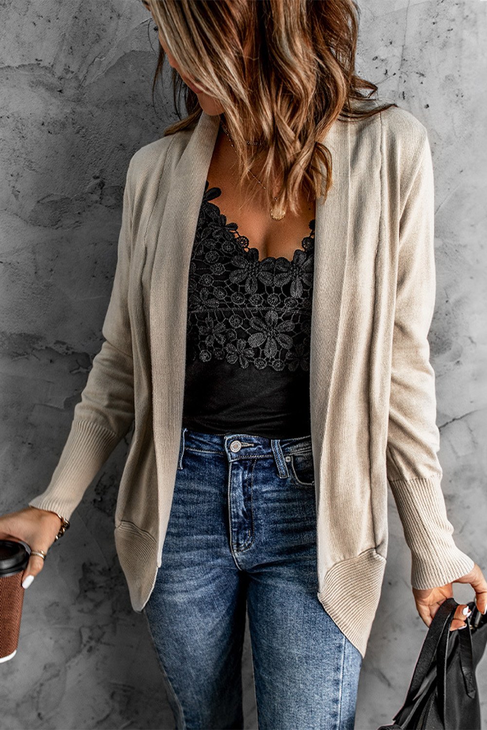Khaki superweicher Longsleeve offener Cardigan