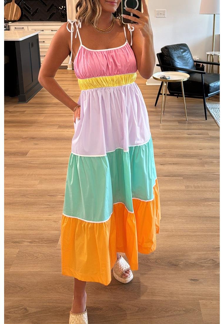 Thumbnail - Mehrfarbiges Colorblock-Hochbund-Maxikleid mit Selbstbindebändern und Taschen