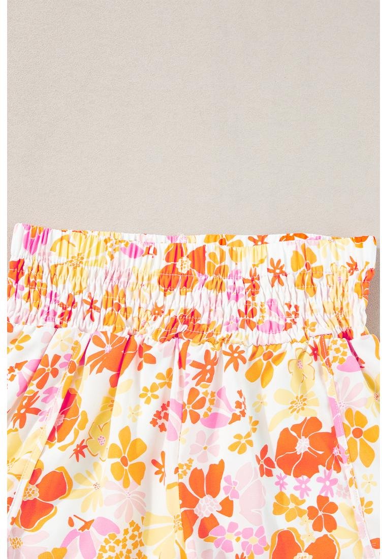 Thumbnail - Orange Boho-Blumen Rüschenshorts mit hoher Taille