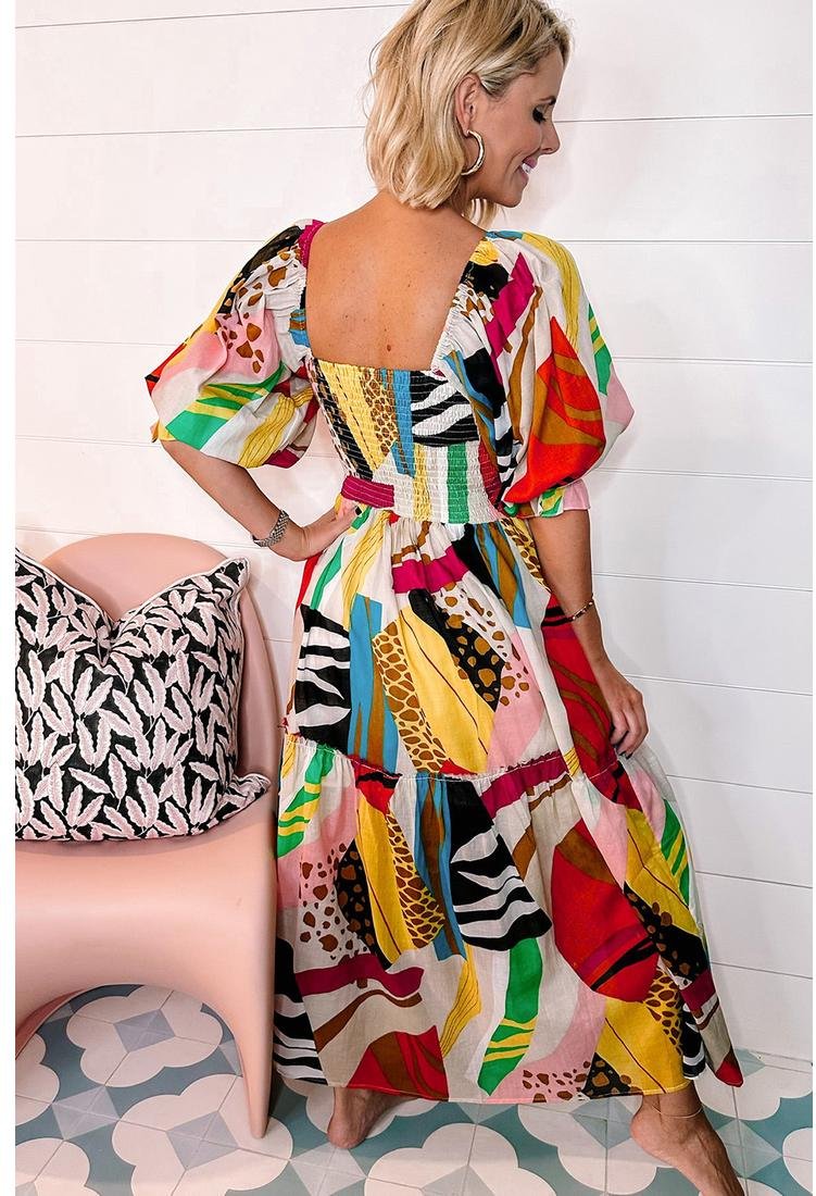 Thumbnail - Weißes Quadrat-Ausschnitt Gerafftes Abstraktes Druck Boho Maxi-Kleid