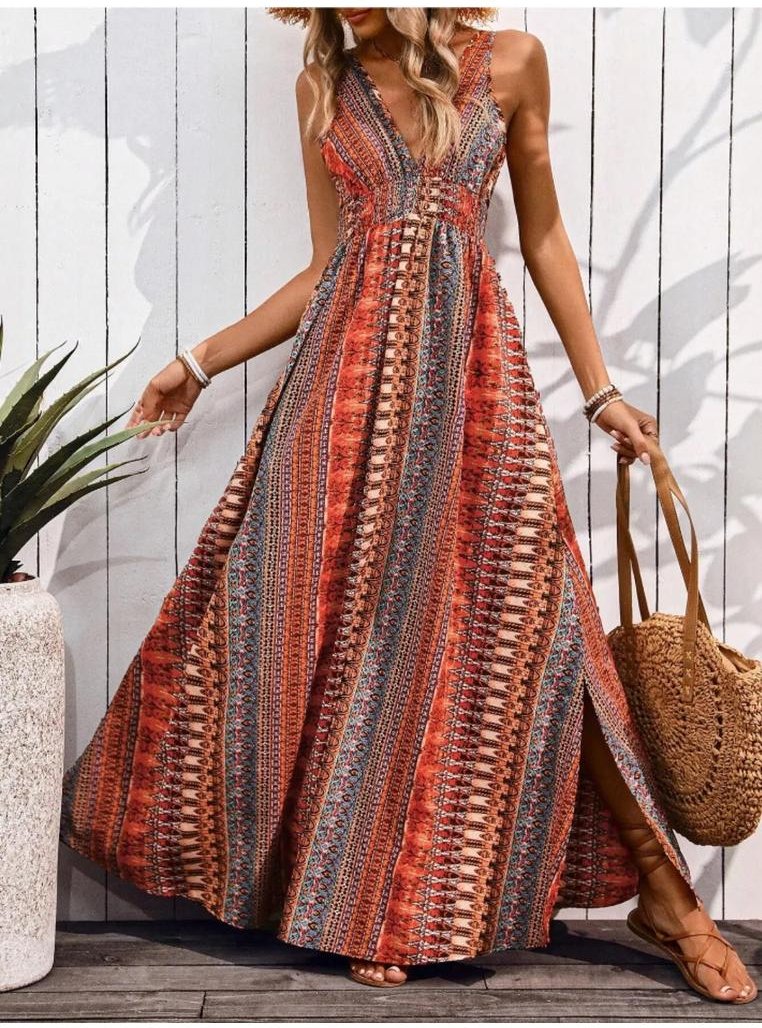 Damen Geknotetes Rückendress mit Druck, Ärmellos, Maxikleid mit Schlitz