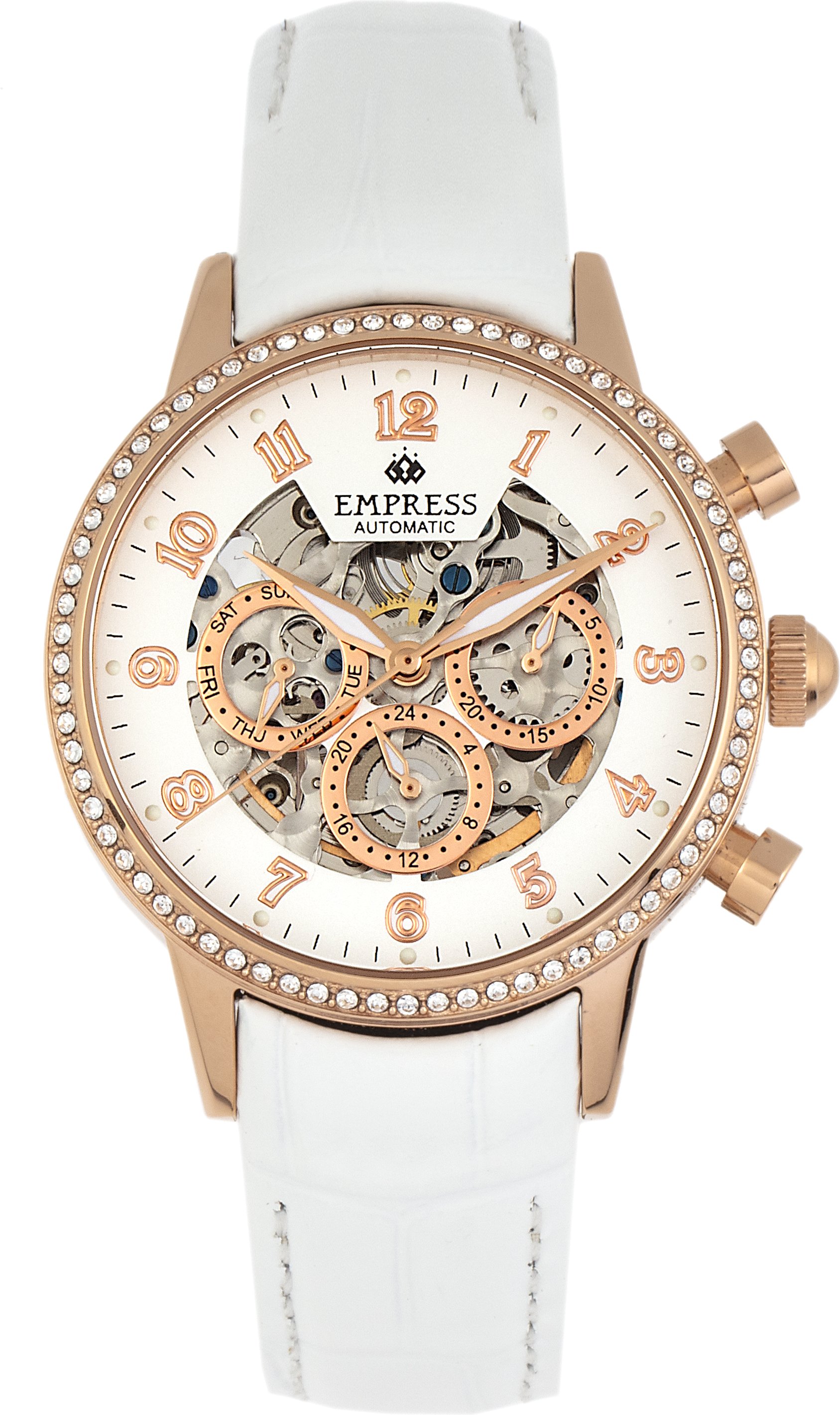 Königin Beatrice Automatische Skelettzifferblatt Lederbanduhr mit Tag/Datum