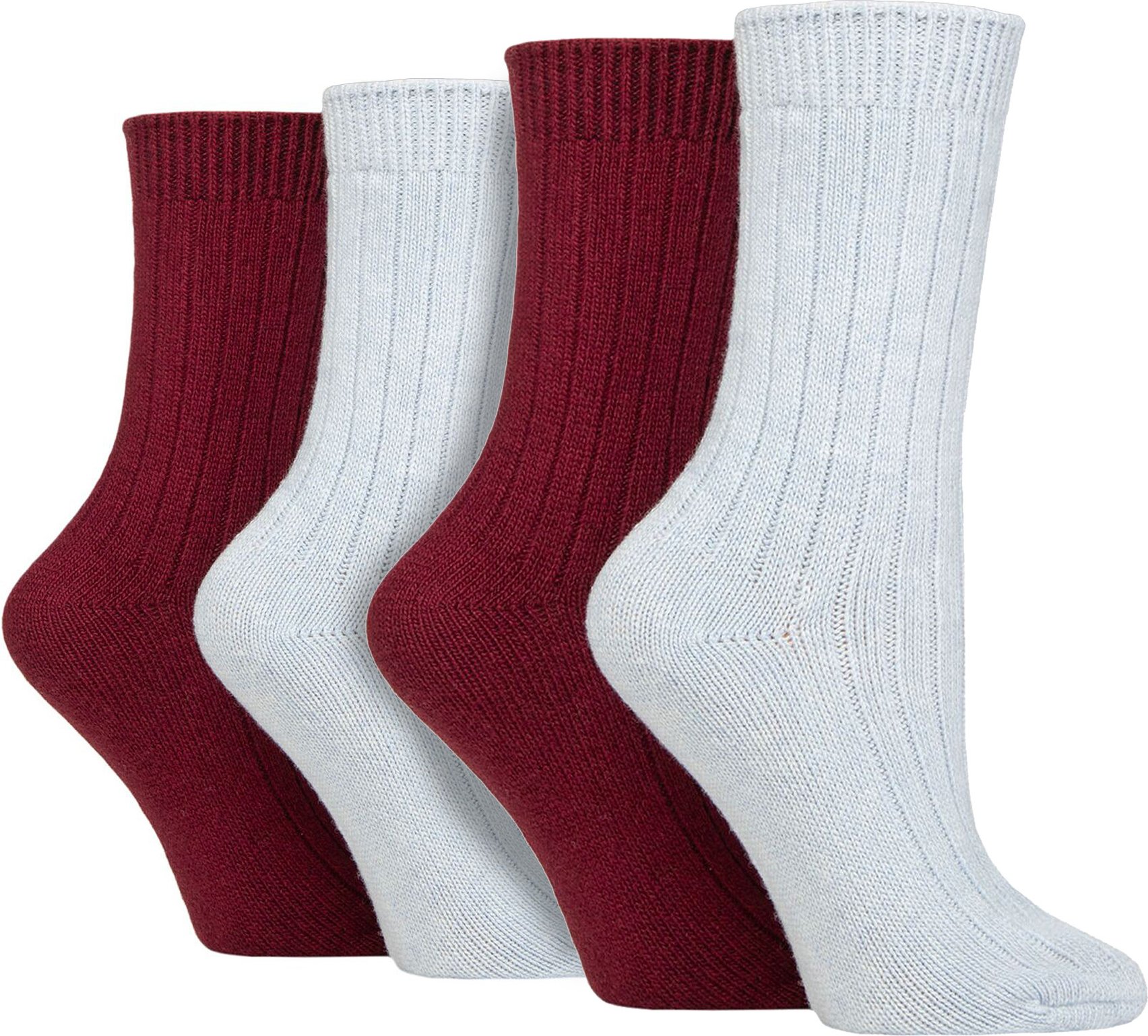4er-Pack Damen Kaschmir-Stiefelsocken | Wildfeet | Gerippte Crew Wollbettsocken - Blau/Mauve