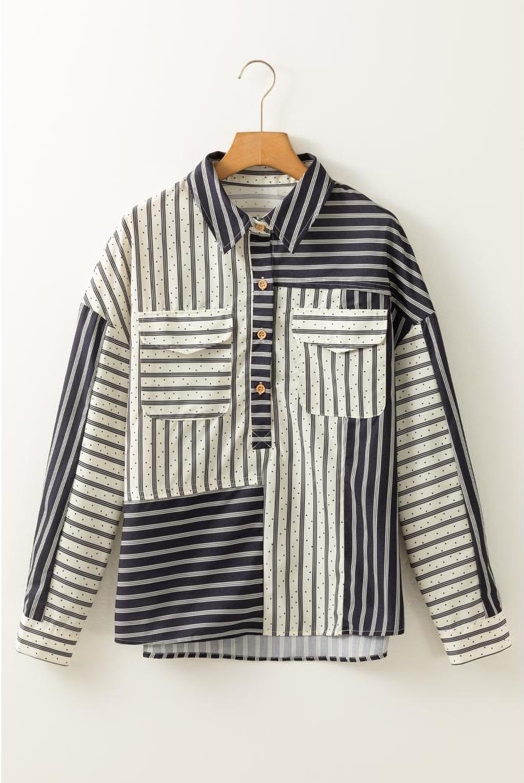 Thumbnail - Azura Exchange Schwarze Streifen 2-Farben Patchwork Halbtasten Brusttaschen Lässige Bluse