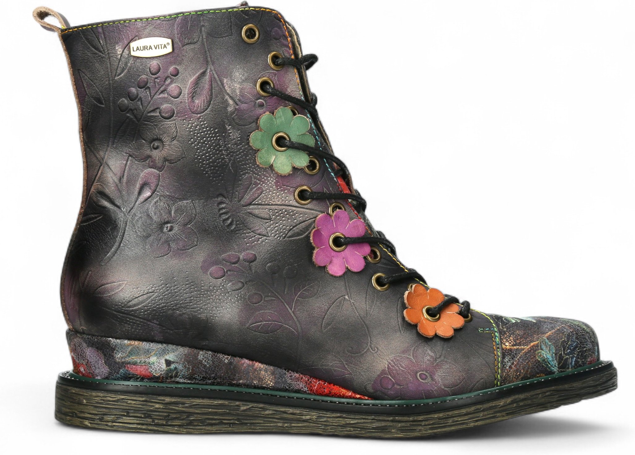 Laura Vita Ercnaulto 212 Grau geblümte Damenstiefel im Gothic-viktorianischen Stil aus Leder mit Knöchelabsatz