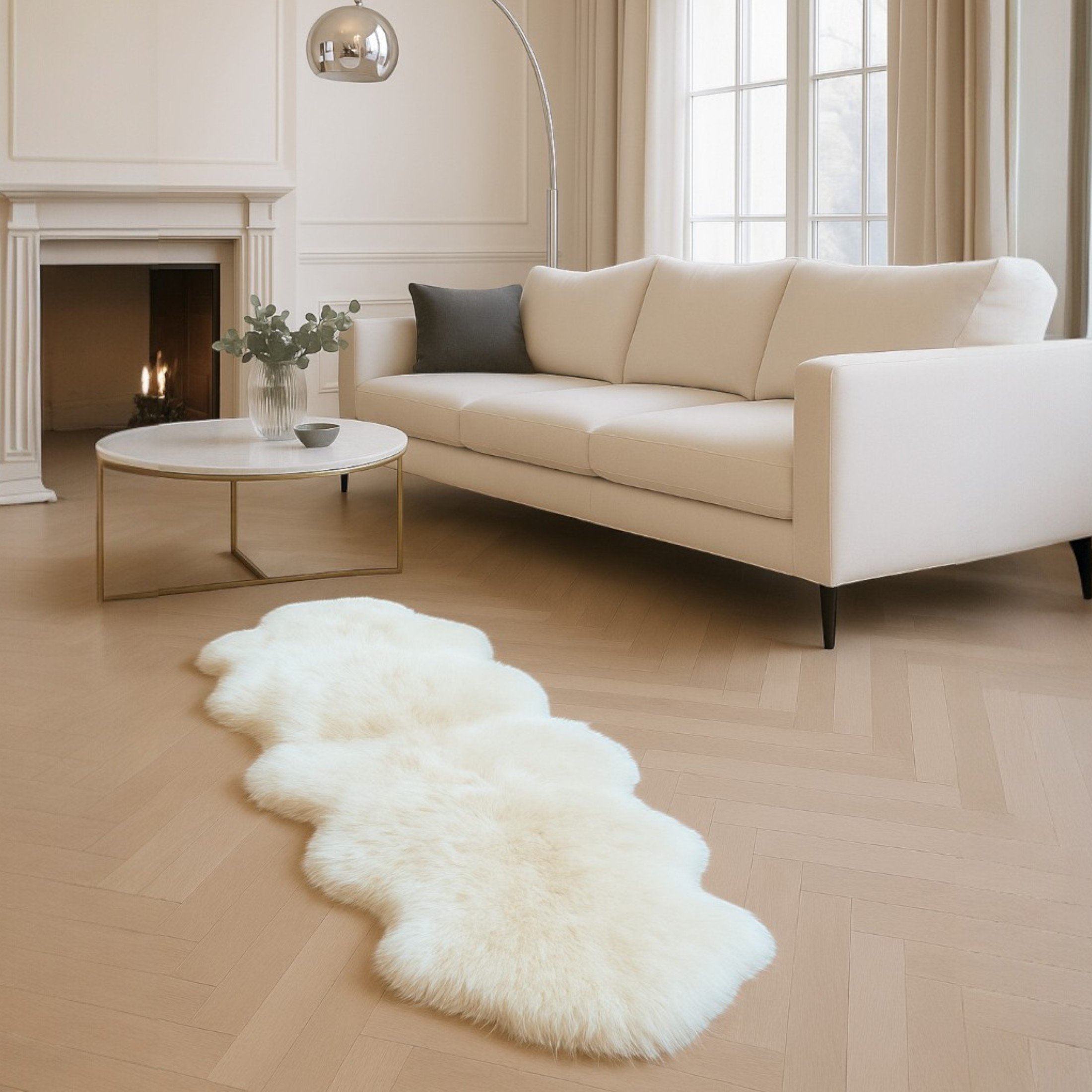 Echter Schaffell-Teppich, elfenbeinfarben, doppelt, natürlich, seidig, flauschig, weich, echte Wolle