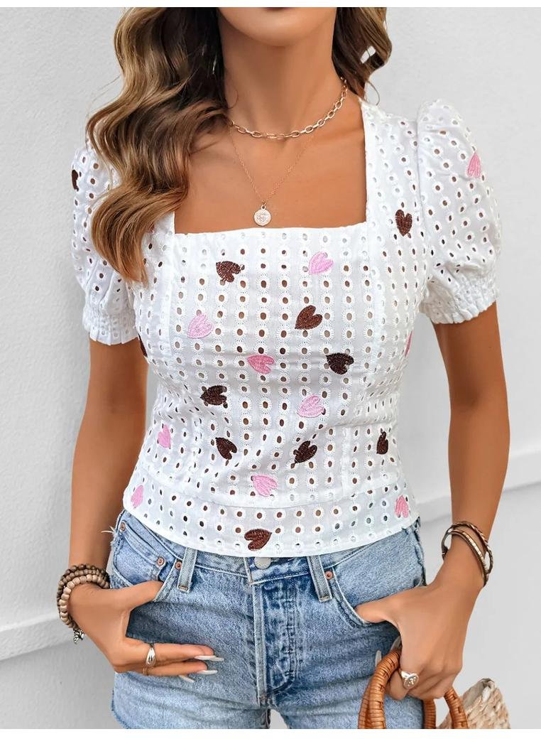 Damen Bluse mit herzförmigen Ösen, quadratischer Ausschnitt und kurzen Ärmeln