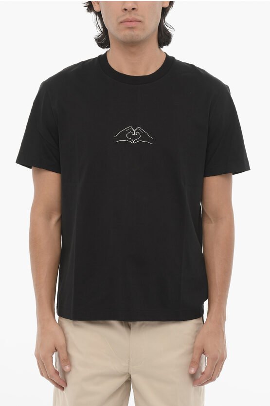 Baumwoll-Rundhals-T-Shirt mit Print in Schwarz