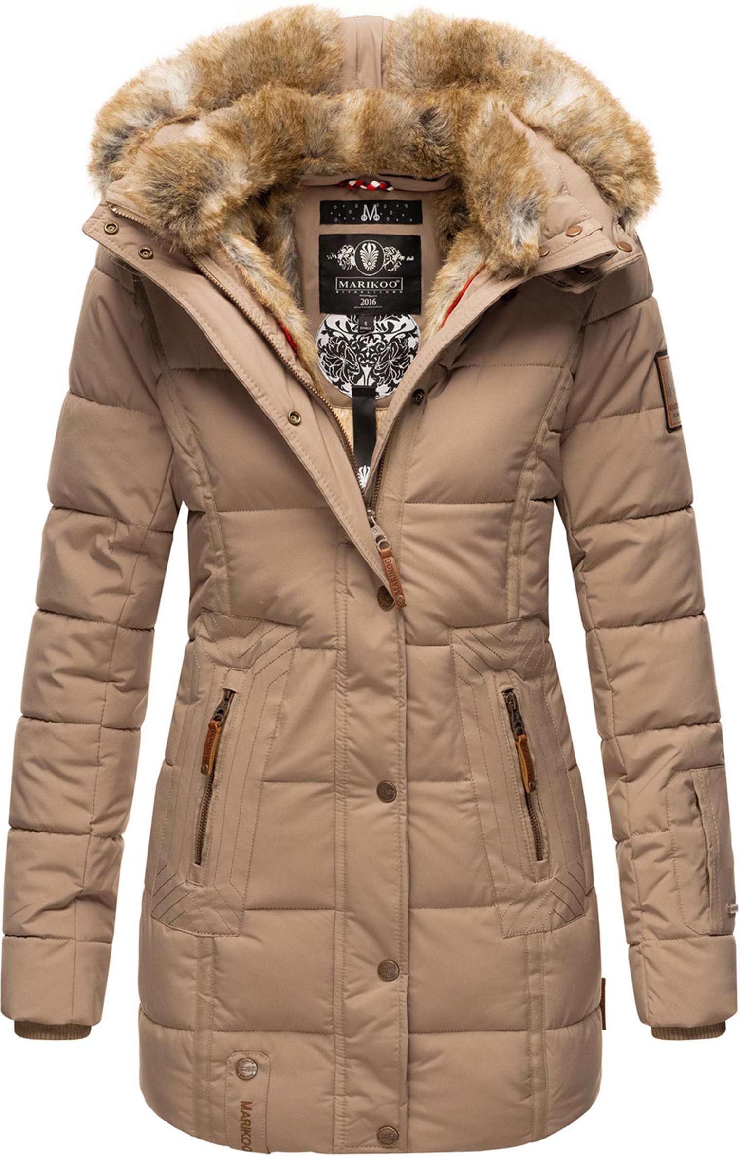 Marikoo Damen Winterjacke mit Kapuze & Kunstfell-Innenfutter