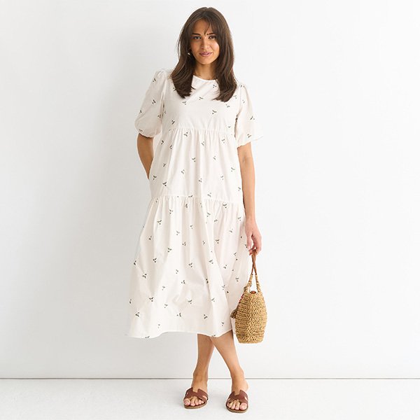 Broderie-Baumwoll-Smok-Midikleid