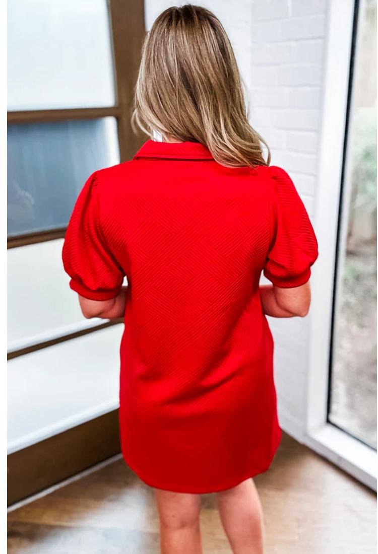Thumbnail - Feurig rotes strukturiertes Kragen-V-Ausschnitt Puff-Kurzarm Shift-Mini-Kleid