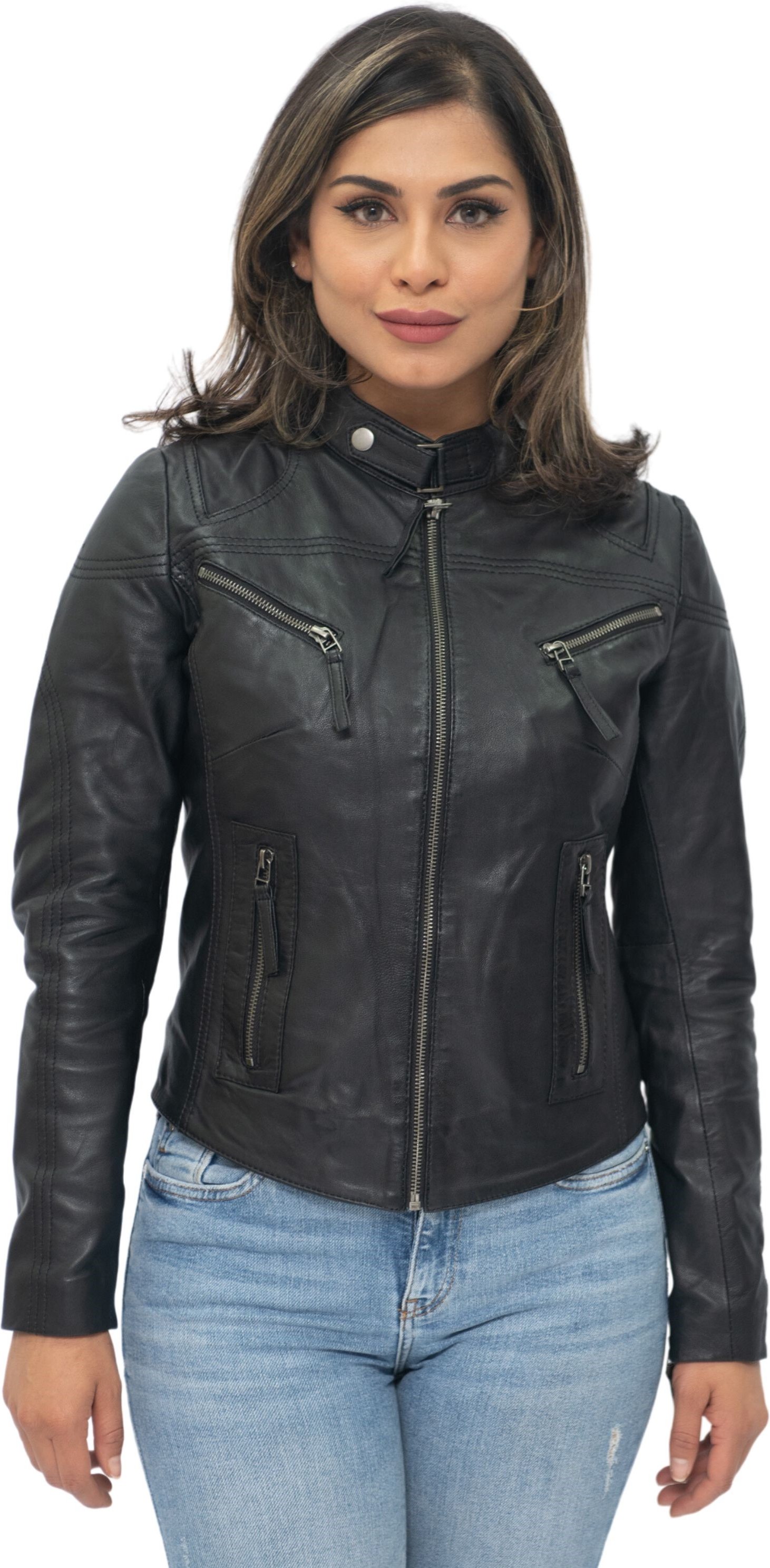 Lässige Slim-Fit-Bikerjacke aus Leder für Damen – Tulsa