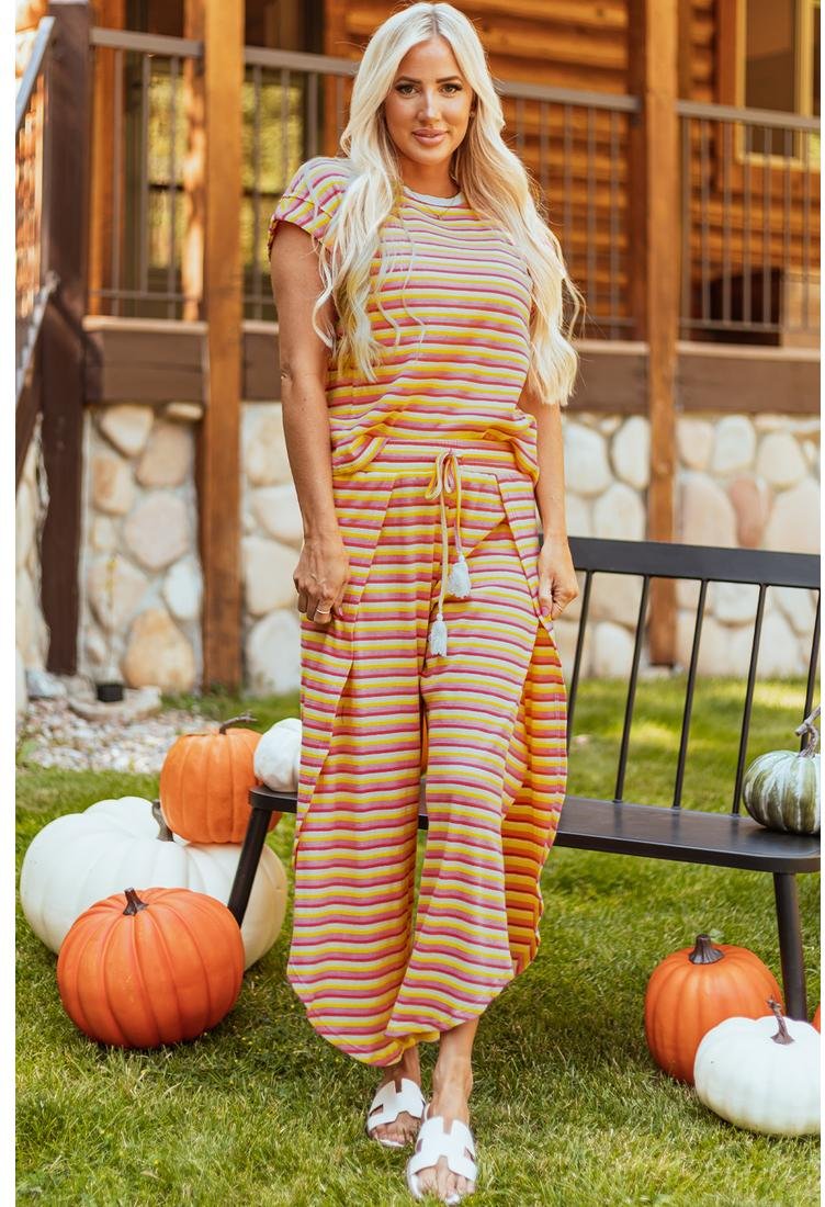 Gelbes Streifen Regenbogen T-Shirt mit Quasten-Schnürung und weitem Bein Hosen Set