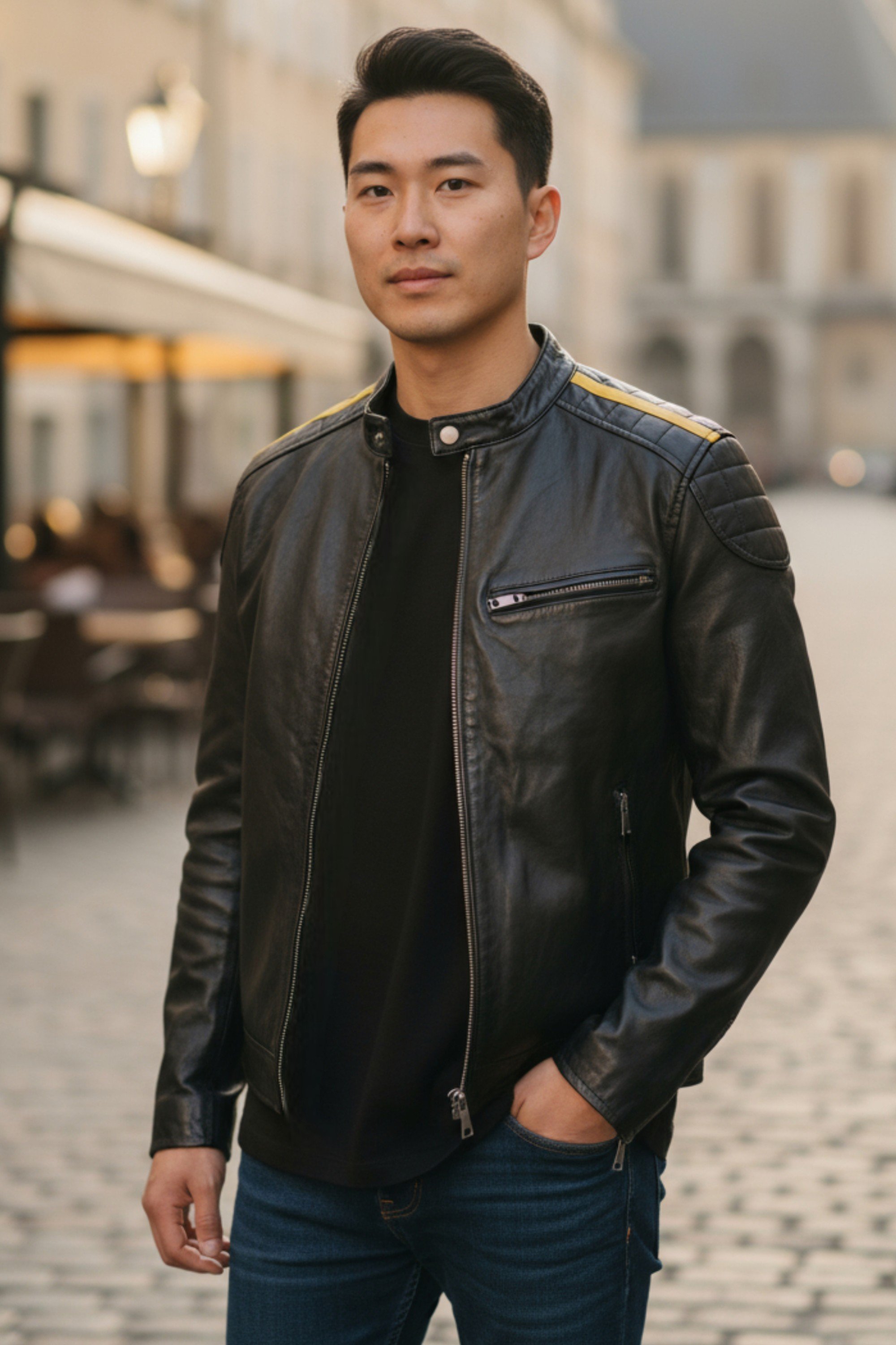 Schwarze gesteppte Bikerjacke aus Leder für Herren mit gelben Streifen – Rider