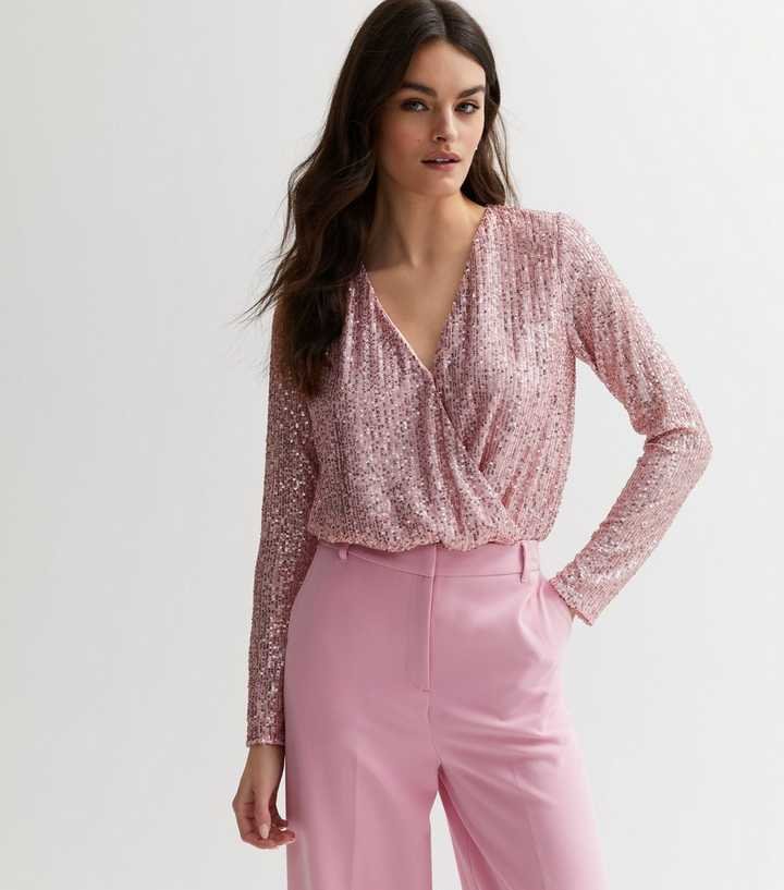 Pailletten-Wickel-Bodysuit mit langen Ärmeln