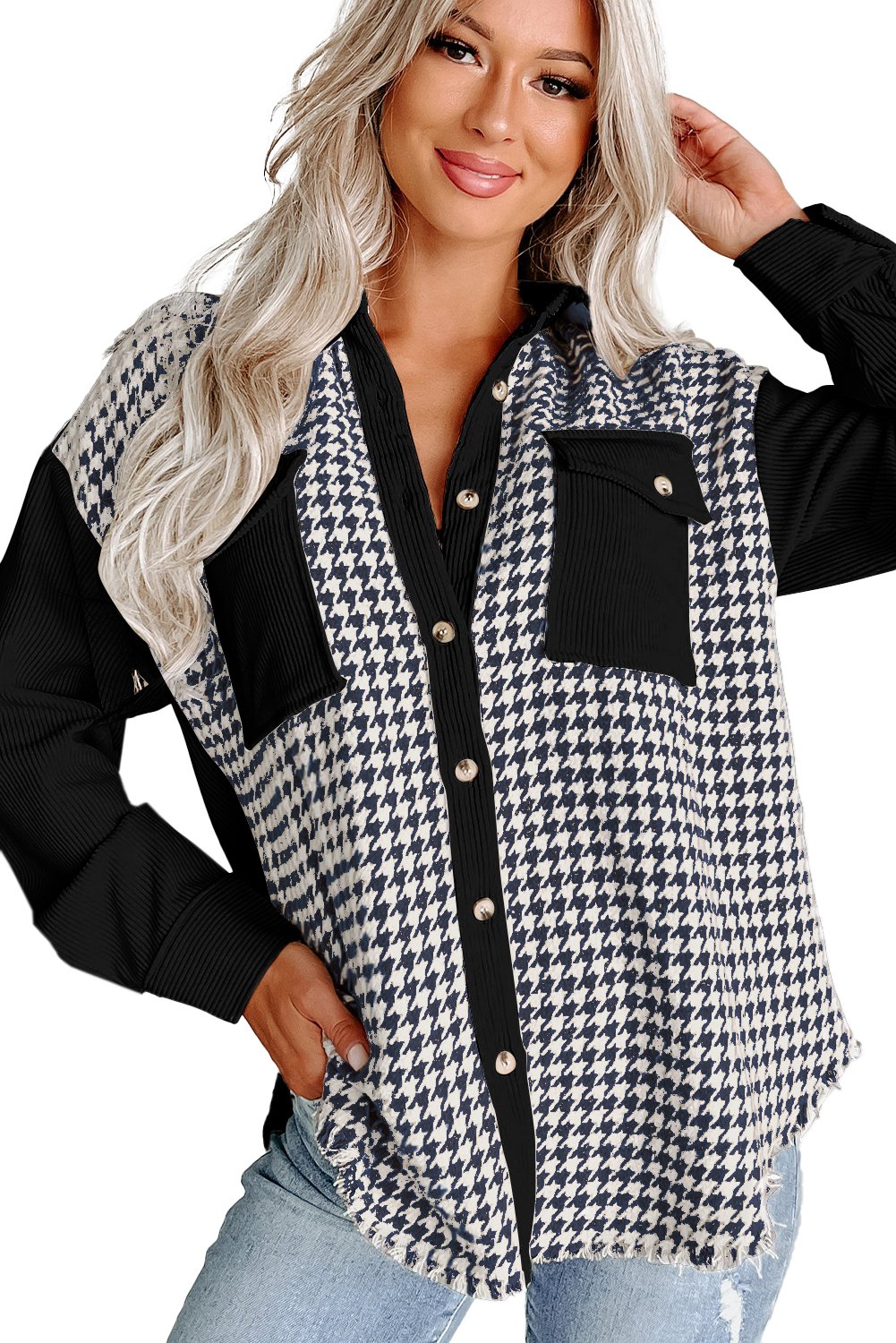 Thumbnail - Schwarzes Hahnentrittmuster Cord-Patchwork Klappentaschen Shacket