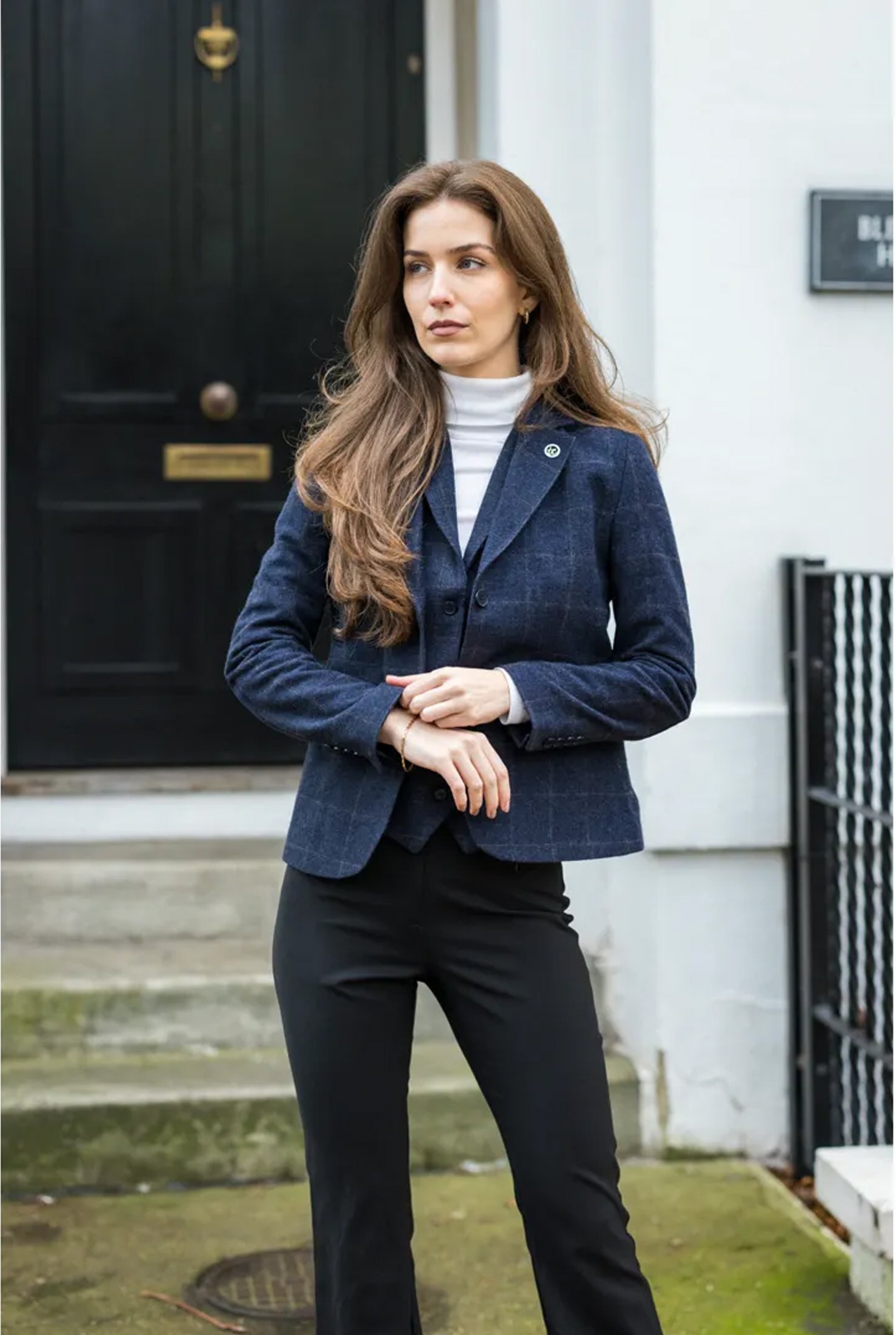Thumbnail - Marineblaues, maßgeschneidertes 2-teiliges Set aus formellem Tweed-Blazer und Weste für Damen